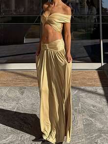 PoPoHouse Women's Elegant Two Pieces Set Sexy Off Shoulder Ruched Crop Top & High Waist Flowy Maxi Skirt For Summer Beach Vacation Party Wedding Guest Going Out Outfit Light Yellow Two Pieces Set - Light Yellow - View 6