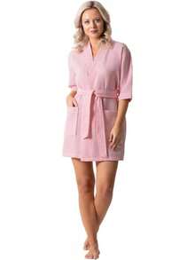 Turkish Cotton Waffle Knit Robe For Women, Lightweight Quick-Dry Short Kimono, Super Soft Spa & Bathrobe With Pockets - Vitt - Visa 5