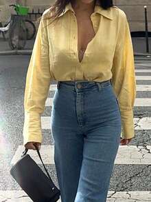 Look Polly Women's Spring Fitted Shirt, Tracing Cotton Single-Breasted Cream Yellow Long Sleeve Top, Suitable For Valentine's Day, Carnival, Casual, Beach, Daily Wear - Yellow - View 5