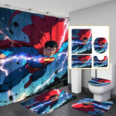 Superman 4-Piece Bathroom Set, Lightning Print, Perfect For Children's Bathroom, Dorm, Apartment, Great Christmas And Birthday Gift For Superman Fans And Superhero Collectors