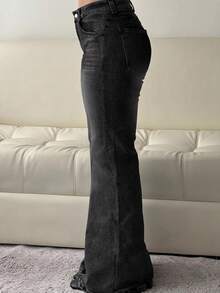 Women's Black Washed Denim Flare Leg Pants With Button And Zipper Details, Long Casual Vintage Style For Spring And Summer - 黑色 - 查看 3