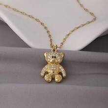 1pc 18K Gold Luxury Elegant Glamorous Full Rhinestone Heavy Work Teddy Bear Necklace For Women, Suitable For Daily Wear - Multicolor - View 8