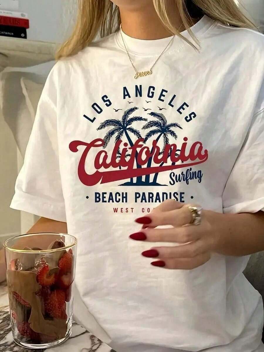 Nueva camiseta de mujer 2026 otoño-invierno, de manga corta con cuello redondo, 100% algodón, holgada, de estilo casual y versátil con estampado moderno, ideal como prenda básica. - Blanco - Ver 1