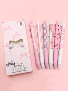 Bộ 12/6 bút bi mực đen, nhanh khô, hình nơ và dấu chấm hỏi màu hồng, bút bi bấm nút màu hồng nữ tính, thích hợp làm đồ dùng học tập và bút in hình hoạt hình cho học sinh năm học mới. - Bộ - Xem 6