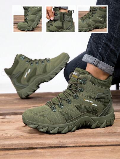 1 Pair Men's High-Top Tactical Boots | Side Zipper + Lace-Up Design | Fabric Patchwork Upper | Durable Rubber Outsole | Military Style Work Boots For Outdoor Hiking & Trekking | Multi-Color Options | Comfortable For All Seasons, Suitable For Outdoor Adventure, Combat Training And Daily Commute