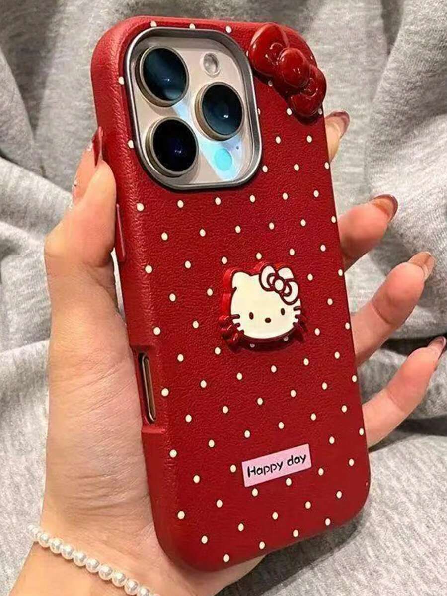SANRIO 1个红色皮革纹理卡通3D Hello Kitty蝴蝶结TPU防震保护手机壳，适用于 11/12/13/14/15/16/17/PROMAX - 紅色 - 查看 1