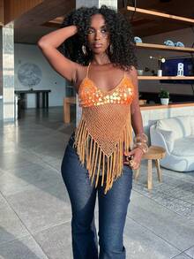 Women Sequin Fringe Knit Crop Halter Top Boho Hollow Out V Neck Sleeveless Backless Tassel Tank Top Summer Beach Vest - 橘色 - 查看 4