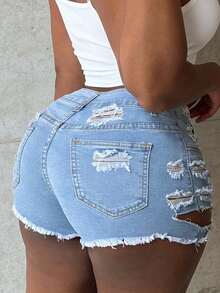 Seasonal Payment In Spring And Summer | Women's Casual Light Wash Distressed Denim Shorts With Pockets And Button Zipper Closure For Summer - Light Wash - View 3