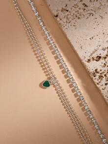 Nooxian 2pcs/Set Fashionable & Elegant Crystal Claw Chain With Multi-Layer Pearl Chain & Green Zirconia Heart Pendant Anklets, Suitable For Holiday & Party Wear - Silver - View 2
