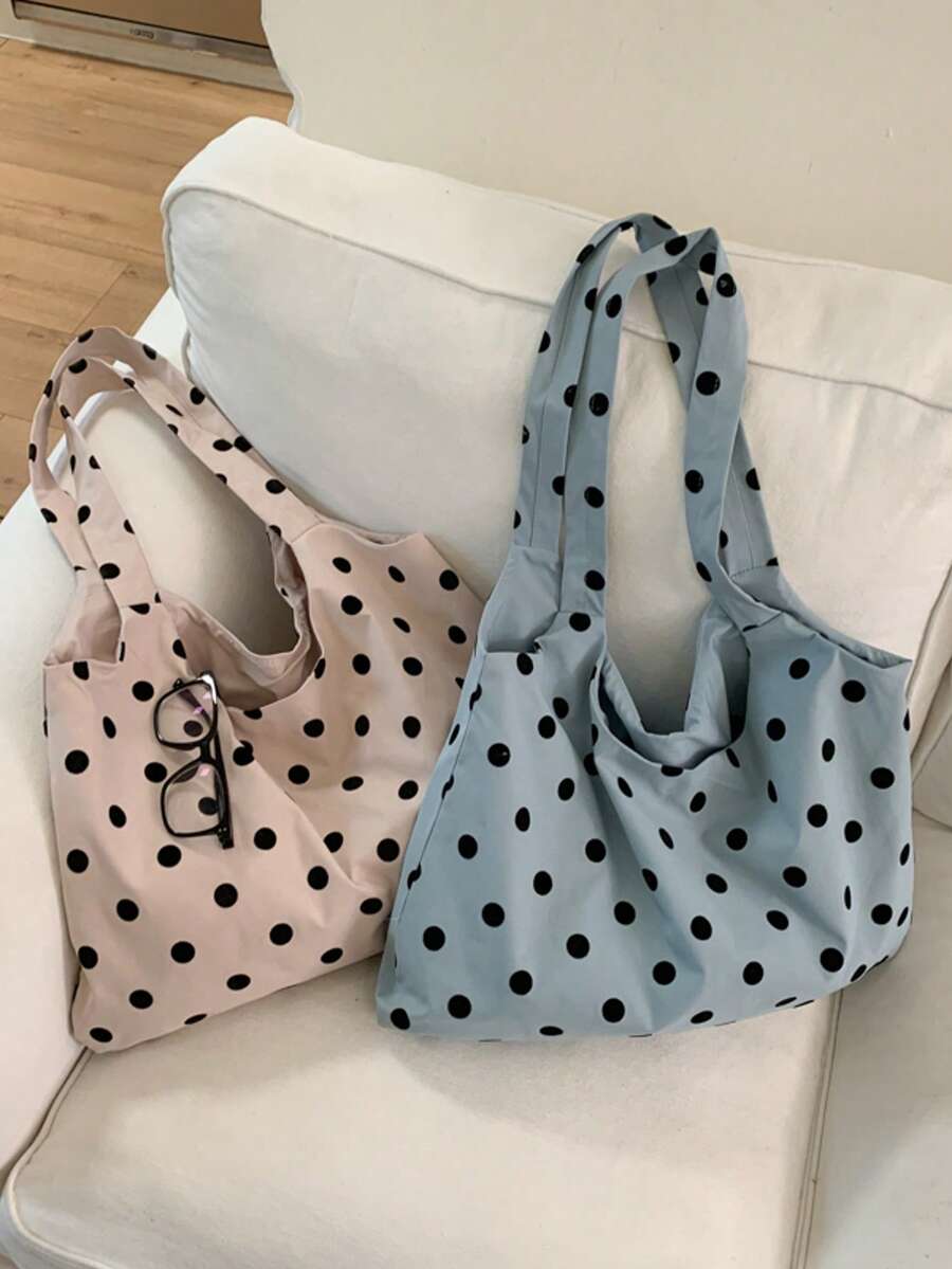1pc Spring/Summer Korean Style Polka Dot Large Capacity Women's Shoulder Bag, Literary Fresh Crescent Bag, Durable Casual Vacation Cloth Bag, Available In Gray, Blue, Beige