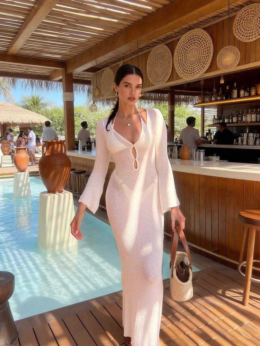 女士春夏度假风白色罩衫连衣裙，轻盈针织深V领长袖连衣裙，波西米亚风格，适合海滩、旅行、度假、约会、音乐节等场合。 - 白色 - 查看 1