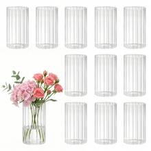 Tomnk 12 jarrones cilíndricos de vidrio para centros de mesa, jarrones de flores para decoración de bodas, portavelas de vidrio de 15 cm de alto para mesa, jarrones florales a granel para decoración del hogar. - transparente - Ver 5