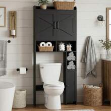 Over The Toilet Storage Cabinet with 2 Barn Door and Toilet Paper Holder Stand FreeStanding Toilet Shelf Space Saver for Bathroom Restroom Laundry Black - Negro - Ver 5