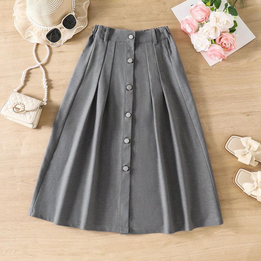 Girl's Casual Minimalist Front Button A-Line Denim Maxi Skirt, Suitable For Outings And Gatherings, All Seasons - Grey - View 1