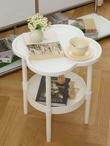 1pc Cloud-Shaped Cream White Solid Wood Edge Side Table | Double-Layer Storage + Petal Tabletop, Korean Ins Style Small Coffee Table, Lightweight Bedside/Living Room/Balcony Placement, Storage Table - Multicolor - View 6