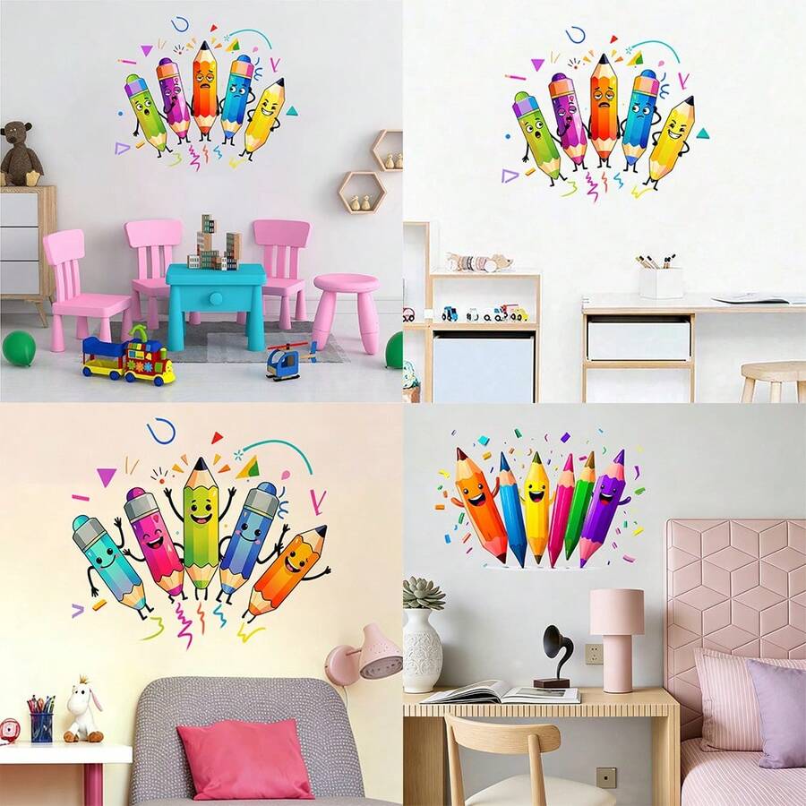 1/3pcs Creative Colored Pencil Pattern Self-Adhesive Wall Sticker, Suitable For Bedroom And Living Room Decor, Refreshing Home Decoration For Spring, Making Your Home And Fashionable - Cartoon - View 1