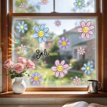 1/2pcs Colorful Floral Electrostatic Window Cling. Smiling Flowers And A "Smile" Sign Design. Removable And Waterproof PVC. Suitable For Home Decoration In Living Rooms, Bedrooms, And Bathrooms. - Multicolor - View 6