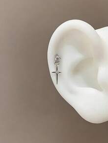 精致十字架吊坠耳环，时尚奢华学生风耳夹，女士春夏款 - 銀色 - 查看 5