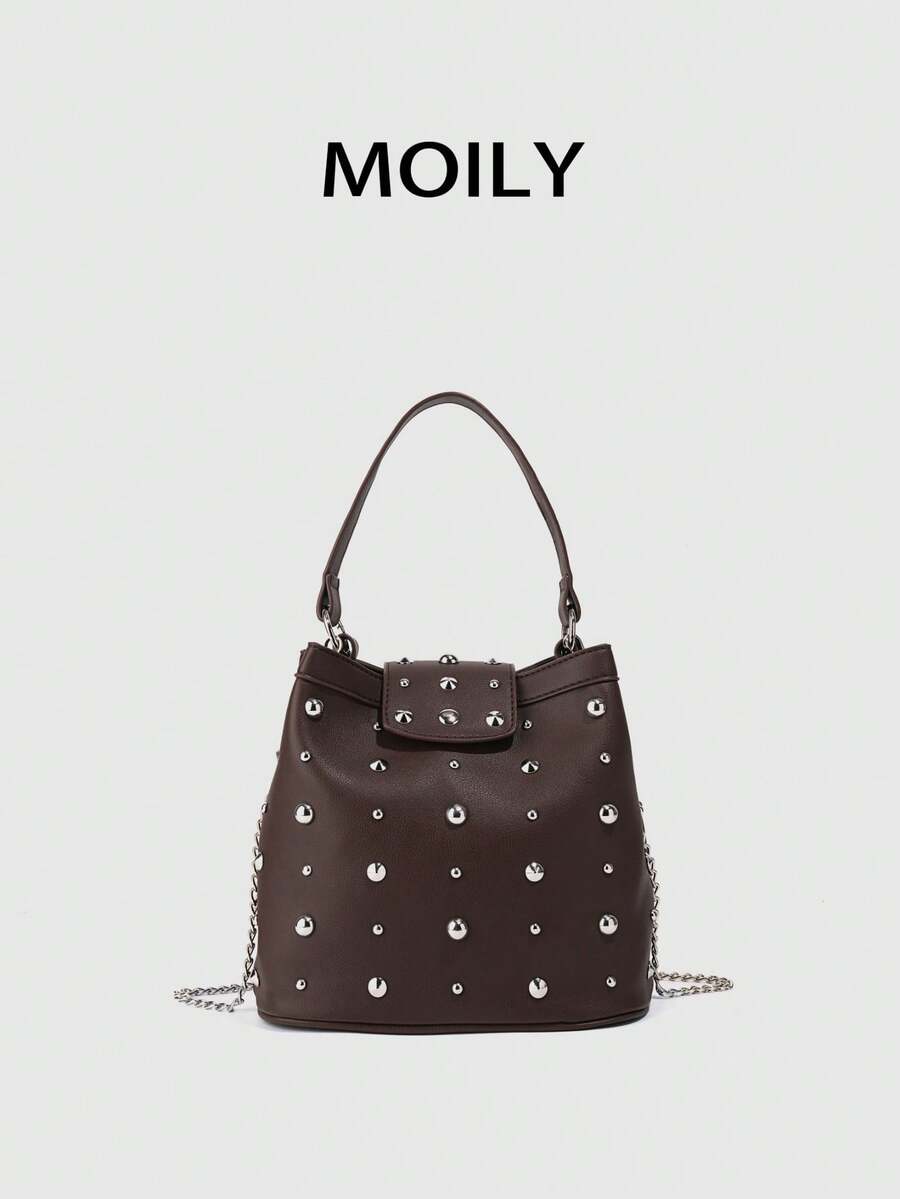 European And American Street Style Rivet Decor Bucket Shoulder Bag - Coffee - View 1