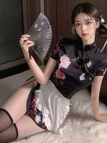改良版中国风旗袍刺绣女仆装角色扮演服装，包括：1件旗袍+2件发饰+1件围裙 - 黑色 - 查看 9