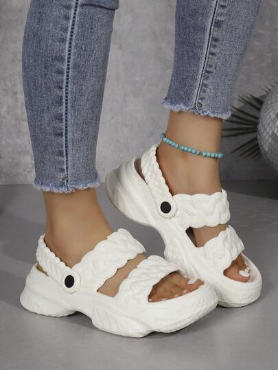 Giày sandal đế xuồng cao gót nữ, màu trắng tinh, kiểu dáng nghỉ dưỡng châu Âu và Mỹ, chất liệu dệt thô, đế dày, kiểu dáng xỏ chân tiện lợi, đế mềm chống trơn trượt, hở mũi, thích hợp đi biển, hồ bơi, đi làm và sử dụng hàng ngày.