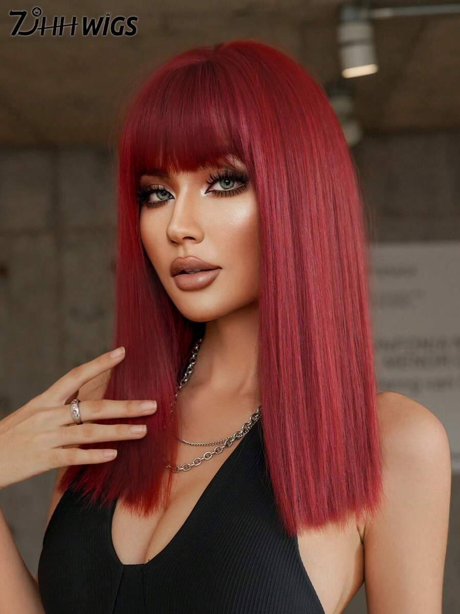 7JHH WIGS High Quality Shoulder Length Straight Wigs For Women 16 Inch Elegant Purple Red Wigs With Bangs, Soft Silky Heat-Resistant Synthetic Fiber Hairpiece For Daily Wear, Costume Cosplay & Music Festival Use, Graduation Gift & Mother's Gift Wig Accessory - 中紫紅色 - 查看 1