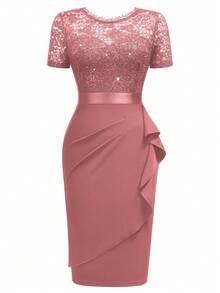 MIUSOL Elegant Sequin Floral Lace Ruffle Trim Wrap Hem Cocktail Party Fitted Dress - Bụi hồng - Xem 7