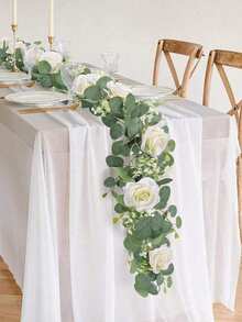1/2/4pcs Artificial Eucalyptus Wreath, 180cm Long With White Roses, Fake Green Vines, Eucalyptus Leaf Decor Wreath, Faux Rose Green Wreath, Suitable For Wedding, Home Party Table Decor, Indoor, Home, Kitchen, Wedding, Dining Table Center Decor, Office, Garden, Outdoor, Spring Decor, Summer Outdoor Decor, Garden Decor, Teacher's Day And Mother's Day Decor - White and Green - View 3