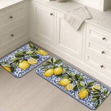 1pc/2pcs/3pcs Non-Slip Kitchen Floor Mat With In Vintage Lemon Floral Print, 0.47" Cushioned Anti-Fatigue, Soft Flannel Surface With Oil Proof And Stain Resistant,For Home Kitchen,Bathroom,Living Room,Bedroom Indoor Decor USE,Machine Washable - 彩色 - 查看 5