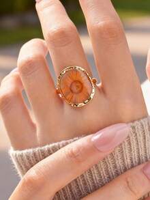 Anillos de acero inoxidable para mujer, joyas de resina con flores únicas, anillos apilables geométricos delicados y vintage, impermeables - Dorado - Ver 5