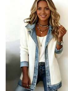 Women's Patchwork Design Coat, New Autumn Arrival, Elegant Slim Fit Long Sleeve, European & American Style - trắng - Xem 2