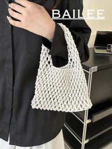 Polyester Crochet Mesh Multi-Color Solid Color Knitted Handbag, Pattern, Lightweight And Portable, Large Capacity, Suitable Women, Office Workers, Teachers, Business/Commuting/Work/Office, Holidays/Vacations/Outdoors/Travel/Hiking/Sports, Suitable Summer, Autumn, And Winter, A Must-Have Bag Summer Vacations, And Also An Excellent Teacher's Day, Crochet, Cute, Vacation-Ready. - 白色 - 查看 2
