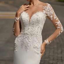 Elegant Sexy Long Sleeves Lace Appliqué Mermaid Satin Wedding Dress,Registry Office Dresses Bridal Gown,Evening Party Dress Birthday Party Dress Country Wedding,Romantic Church Ceremony Wedding Dress,Suitable For Wedding,Dating,Party,Singles' Party,Vacation,Formal Occasions,Dinner Dress,Prom Dress,Homecoming Dess,Cocktail Party,Wedding Guest Dress,Graduation - 白色 - 查看 6