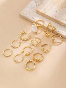 8pcs Vintage Geometric Jade Inlaid Ring Set, Women's Chunky Metal Gold Color Rings, Suitable For Women's Daily And Party Decoration, Gift Jewelry Set - 黃金 - 查看 9