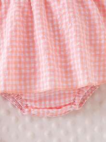 1 Stück Neugeborenen Baby (Mädchen) süßer Romper-Kleid mit Peter-Pan-Kragen, besticktem Karomuster und Kurzarm, leicht für den Sommer - Pink - Übersicht 4