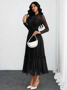 Women's Elegant, Sexy, Romantic, Retro Polka Dot Double-Layer Bow Dress, Suitable For Commuting, Dating And Vacation Black Spring - 黑色 - 查看 6