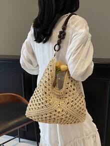 女款手工編織祖母方格拼色大容量托特包，海灘包，適合夏季、度假與日常使用，旅行必備，女款夏季草編海灘包，最受歡迎的女款海灘包，海灘必備，夏季必備，海灘配件，最新度假包，夏季，編織包 - 米色 - 查看 4