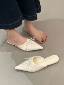 2025 Sandalias de tacón bajo sin talón para mujer, estilo mule de punta fina para verano, zapatos de tacón fino con diseño slip-on de moda - Blanco - Ver 4