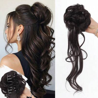 Tóc giả búi rối 18 inch, kẹp càng cua, tóc giả búi nửa đầu cho nữ, tóc đuôi ngựa ngắn thẳng, tóc nối đuôi ngựa cao, kiểu tóc búi rối cho nữ, kẹp đuôi ngựa chịu nhiệt, tóc giả