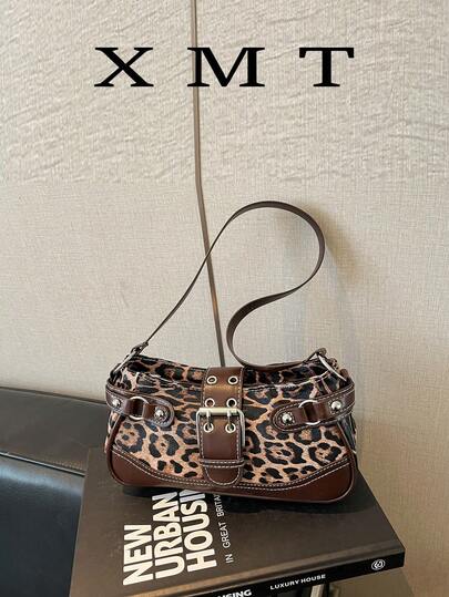 时尚豹纹金属装饰单肩包，简约优雅风格，适合购物、收纳钱包，适合年轻女性、大学生、职业女性。是办公室、大学、商务、工作、户外活动、旅行和郊游的理想之选。女士豹纹单肩包