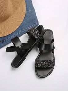 Sandalias planas de verano cómodas y casuales para mujer, estilo europeo y americano, con puntera redonda y tacón bajo para la playa - Negro - Ver 7