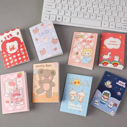 5pcs (Random Style) Minimalist Cartoon Pocket Notebooks - Mini Portable Diaries With Cute Animal & Character Designs, Mixed Colors, Ideal For School Supplies, Prizes Or Gift Packaging, School Notebooks