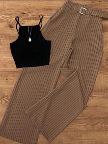 女士春夏条纹休闲腰带套装，办公/花园风格无袖上衣搭配条纹长裤，优雅时尚 - 咖色和黑色 - 查看 3