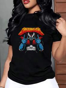 Figura metálica con brazos levantados y fondo rojo simbolizando fuerza energía y poder interior en un estilo vibrante camiseta de mujer 220g casual moderna cómoda - Negro - Ver 8