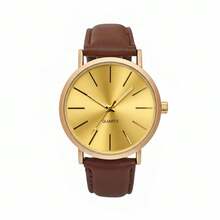 Men's Minimalist Business Quartz Watch Elegant Leather Strap Gold Case Beautiful Gold Dial - 金色 - 查看 2