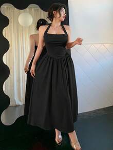 Black Sexy Spaghetti Strap Backless A-Line Mid-Length Dress, Elegant Waist Design Suitable For Weddings, Dates, Galas, Parties, New Spring/Summer Fashion For Young Women Party - Black - View 1