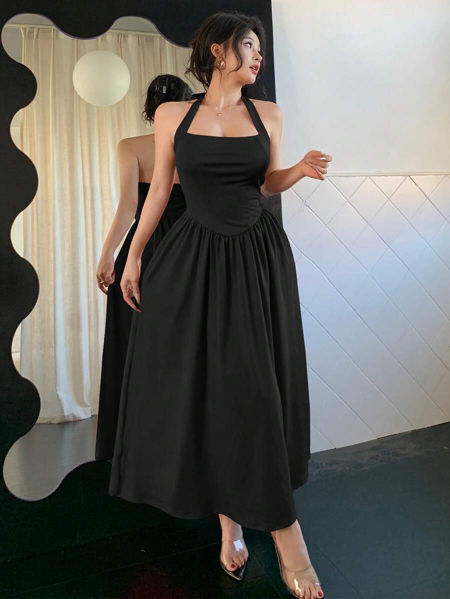 Black Sexy Spaghetti Strap Backless A-Line Mid-Length Dress, Elegant Waist Design Suitable For Weddings, Dates, Galas, Parties, New Spring/Summer Fashion For Young Women Party - Black - View 1