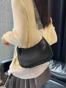高品质纯色新月形单肩/斜挎/腋下包，配有肩带，用途广泛且经久耐用，适合日常使用，可用于购物、工作、度假、通勤和节日送礼。 - 黑色 - 查看 2