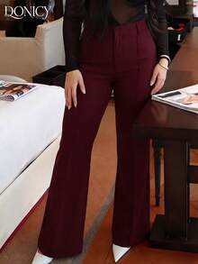 DONICY 女士高腰喇叭裤，白色，时尚优雅的商务休闲装，适合春秋季穿着，可用于办公室、约会和日常穿着。 - 酒紅色 - 查看 3