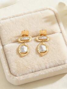 一对奢华金属拼接耳环，欧美风格不对称仿珍珠耳环，独特长款耳环 - 金黃色 - 查看 4